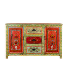 White background image of a sustainable hand painted sideboard made from reclaimed teak wood with floral motifs; bold bohemian furniture, 150 × 45 × 90 cm.
