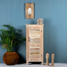 Reclaimed teak wood cabinet with slatted door and sandblasted finish, Ibiza-style, 122 × 56 × 40 cm.