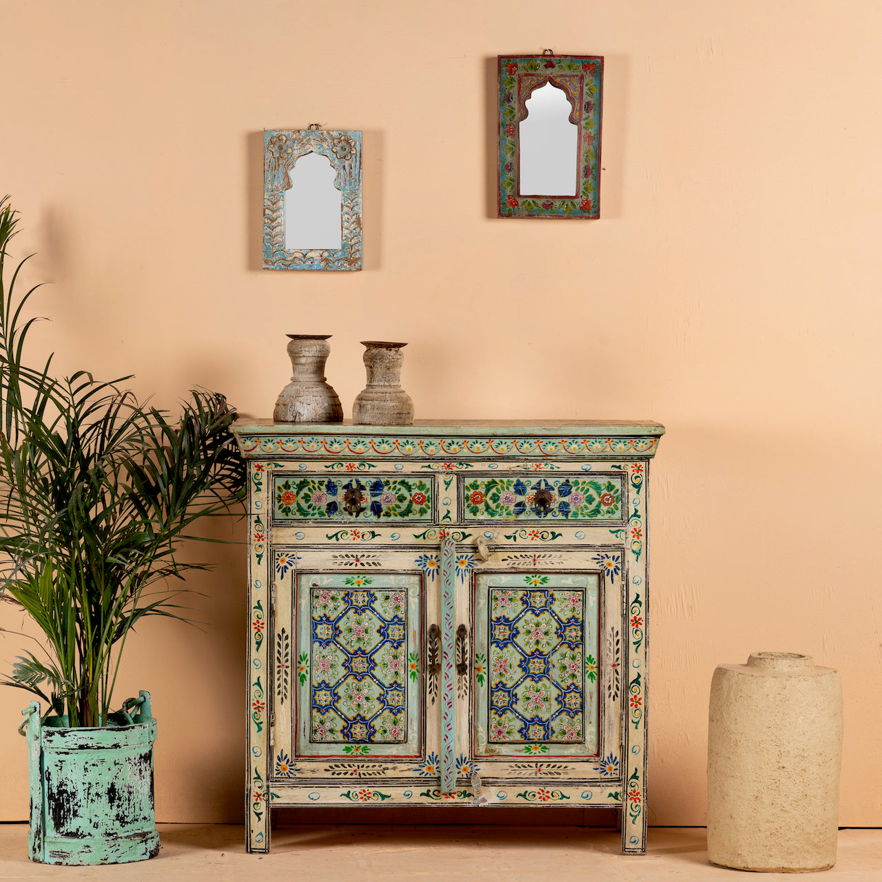 Hand painted cabinet made from reclaimed wood with colourful traditional Indian motifs, 90 × 90 × 40 cm.