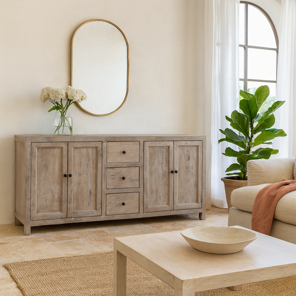 Lifestyle imagination of a sandblasted wood sideboard with drawers and cabinets, living room furniture in relaxed Ibiza style.