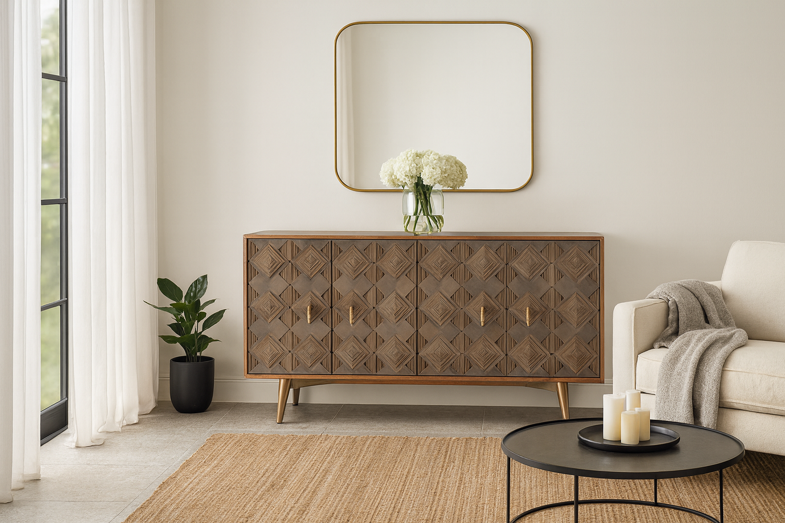Lifestyle image of a handcrafted mango wood sideboard with full-front layered carving and brass legs – Avighna by Om Home & Garden