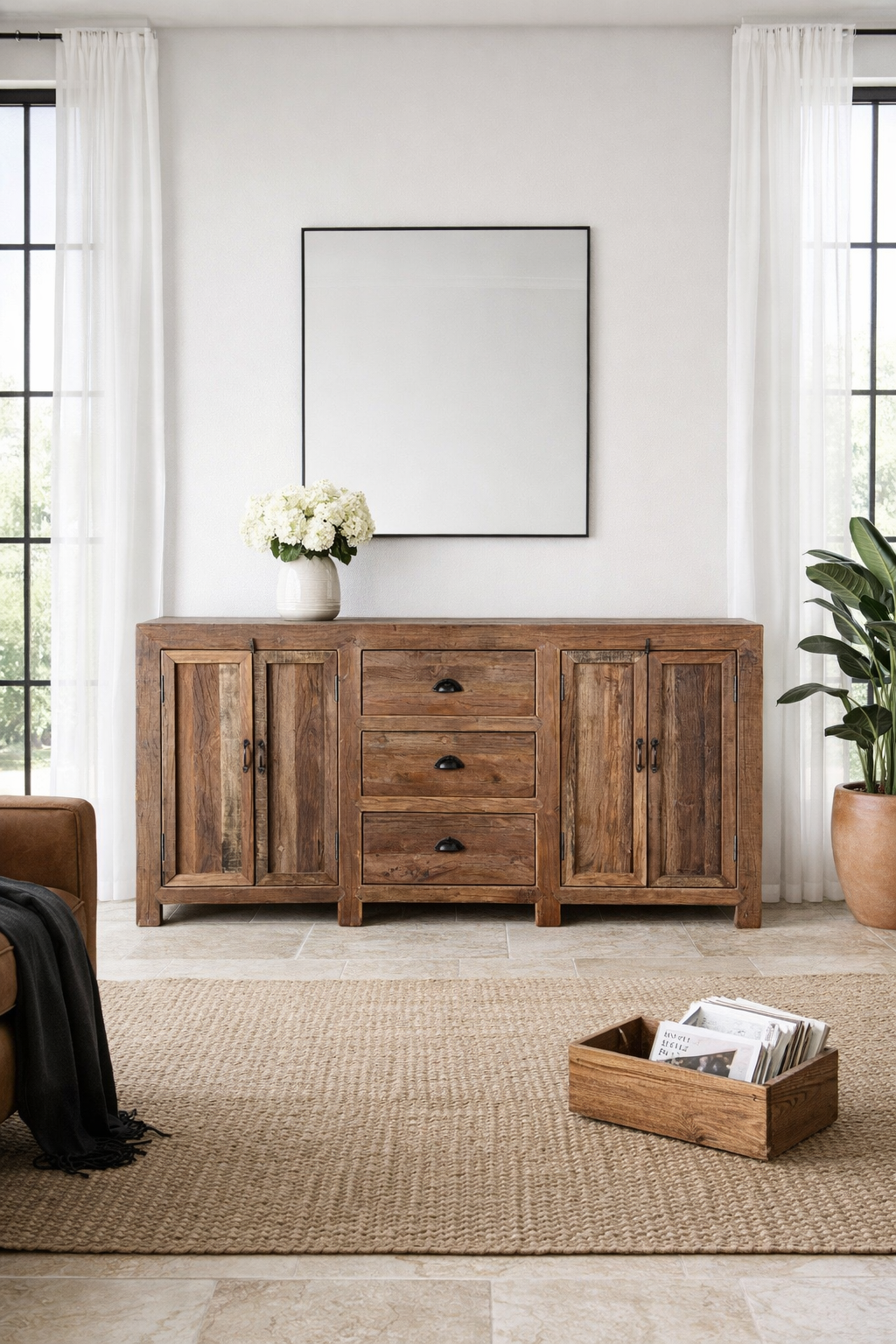 Lifestyle imagination of a reclaimed wood sideboard Avika in a rustic minimalistic design with three drawers and two double-door cabinets. A sustainable furniture piece with warm wood tones and black iron handles, perfect for eco-conscious interiors.