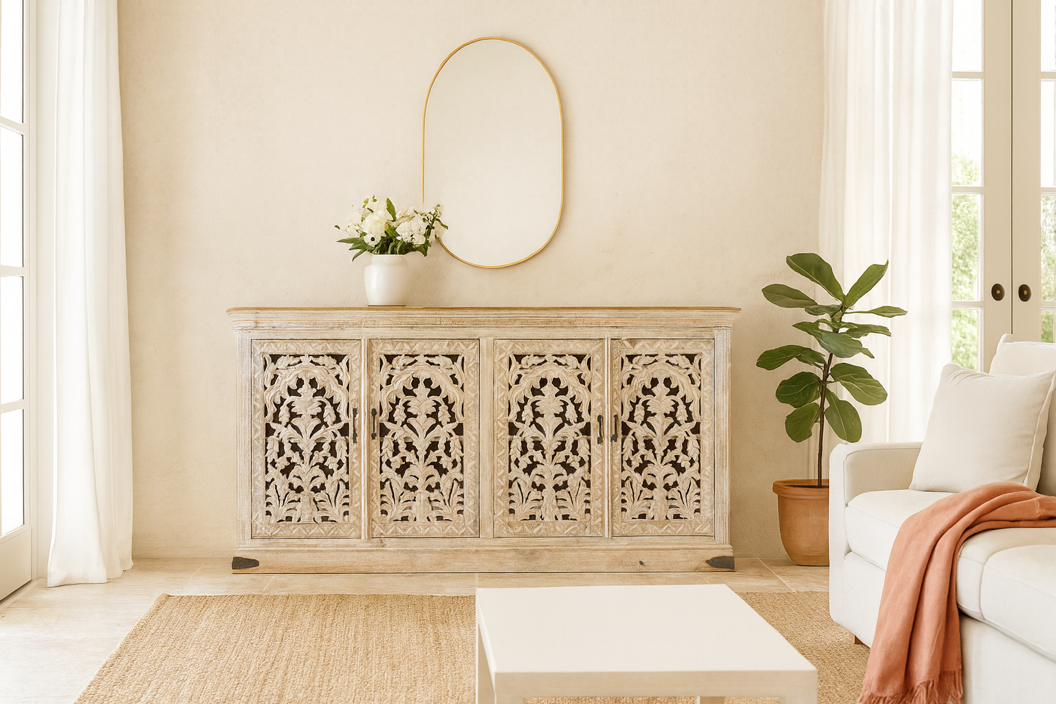 Life style image of a hand-carved whitewashed mango wood sideboard with intricate floral detailing, perfect for a boho chic living room or vintage-inspired interior.