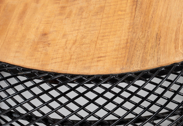Close up image of a large round metal base coffee table with recycled wooden top and woven iron base; minimalistic style coffee table, 100 cm diameter, 45 cm height.