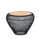 White background image of a round metal base coffee table with recycled wooden top and woven iron frame; minimalistic style coffee table, 58 cm diameter, 45 cm height.