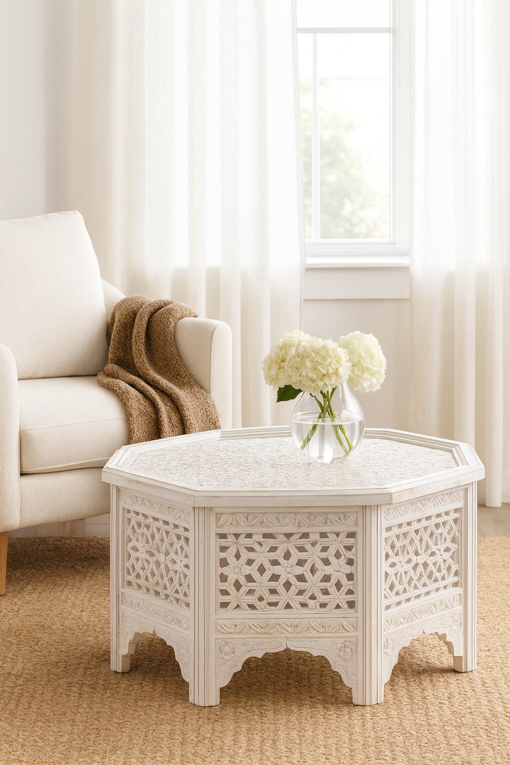 Lifestyle imagination of a octogonal mango wood coffee table with floral carvings and white wash finish; hand-carved and rustic, 90 × 90 × 46 cm.