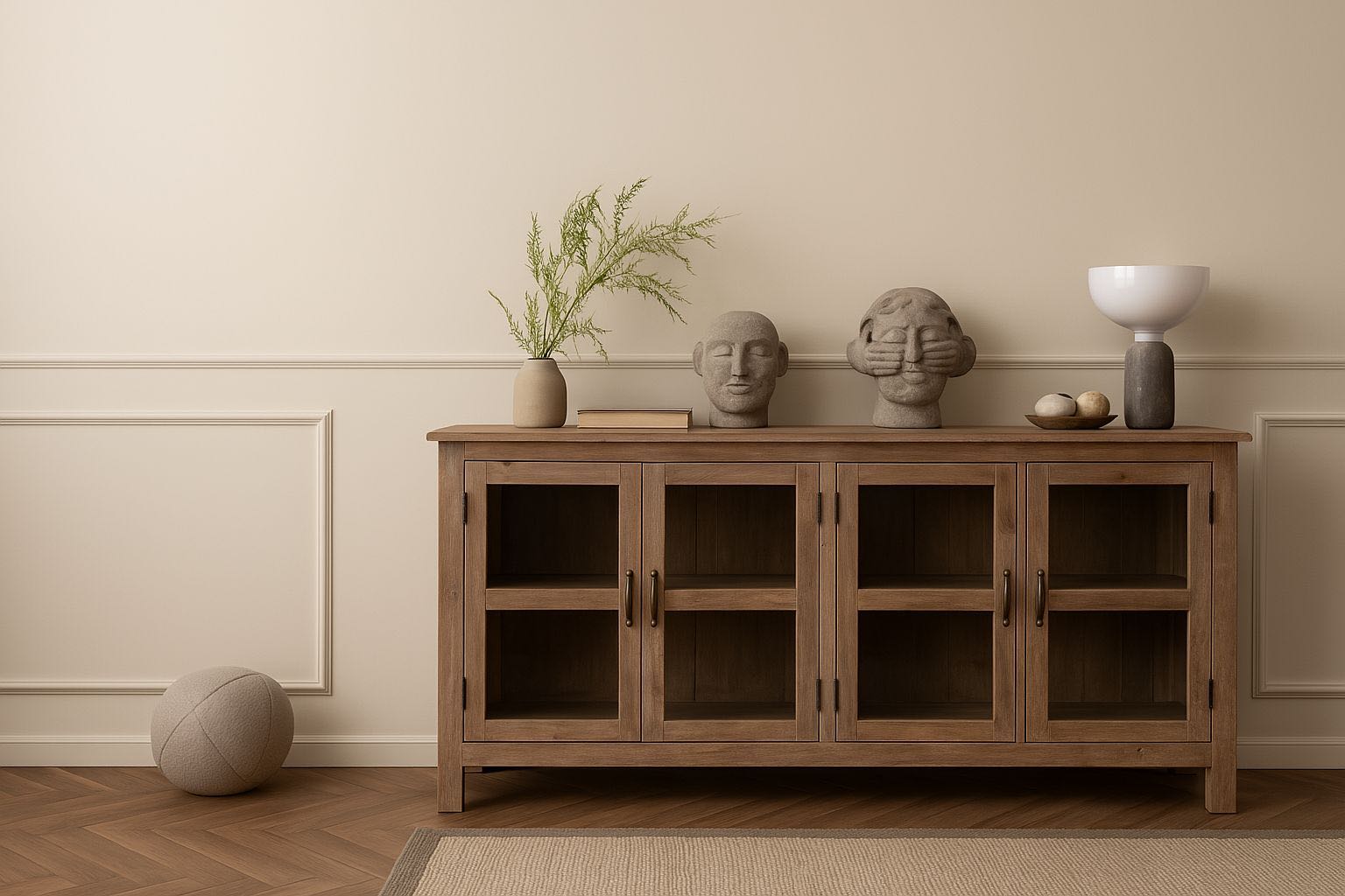 Life style image of a  rustic showcase cabinet made from recycled teak wood, featuring four glass-paneled doors with brass handles and a lightly weathered finish, offering a warm, natural look ideal for displaying decor or tableware.
