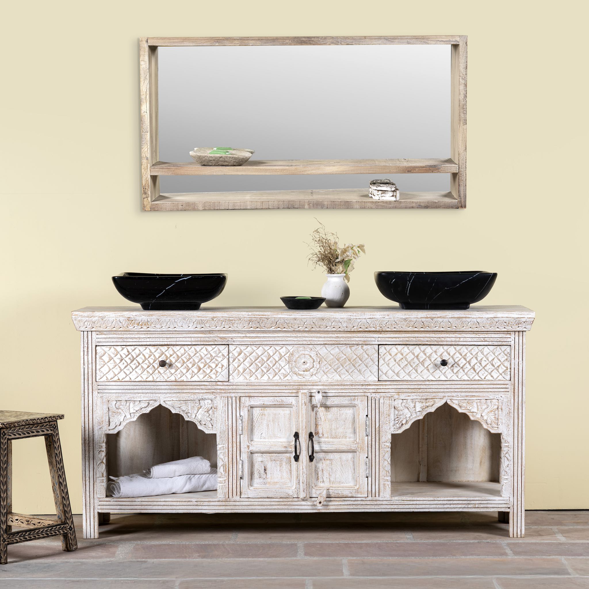 Handcrafted wooden carved sideboard with oriental arches and whitewashed finish; perfect as an entryway table vintage feature, 160 × 80 × 40 cm.
