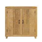 White background image of a carved wood furniture cabinet made from solid mango wood, hand-carved floral design, Mediterranean-style, 90 × 97 × 40 cm.