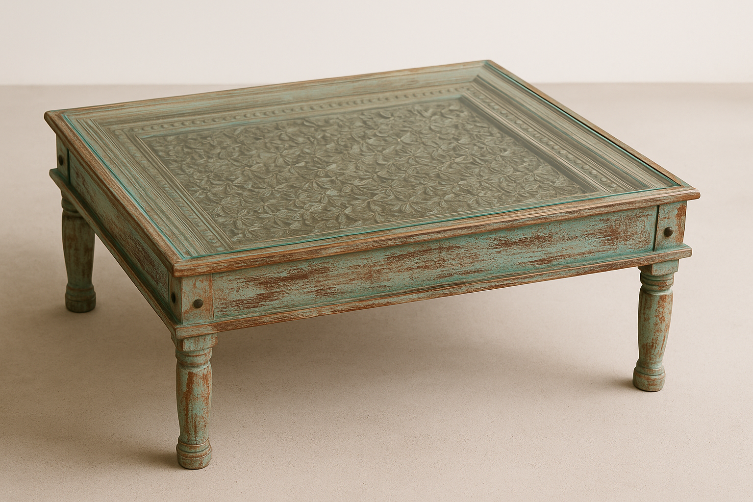 Hand carved mango wood coffee table with floral pattern and multi-layer finish; vintage-inspired coffee table, 120 × 90 × 45 cm.