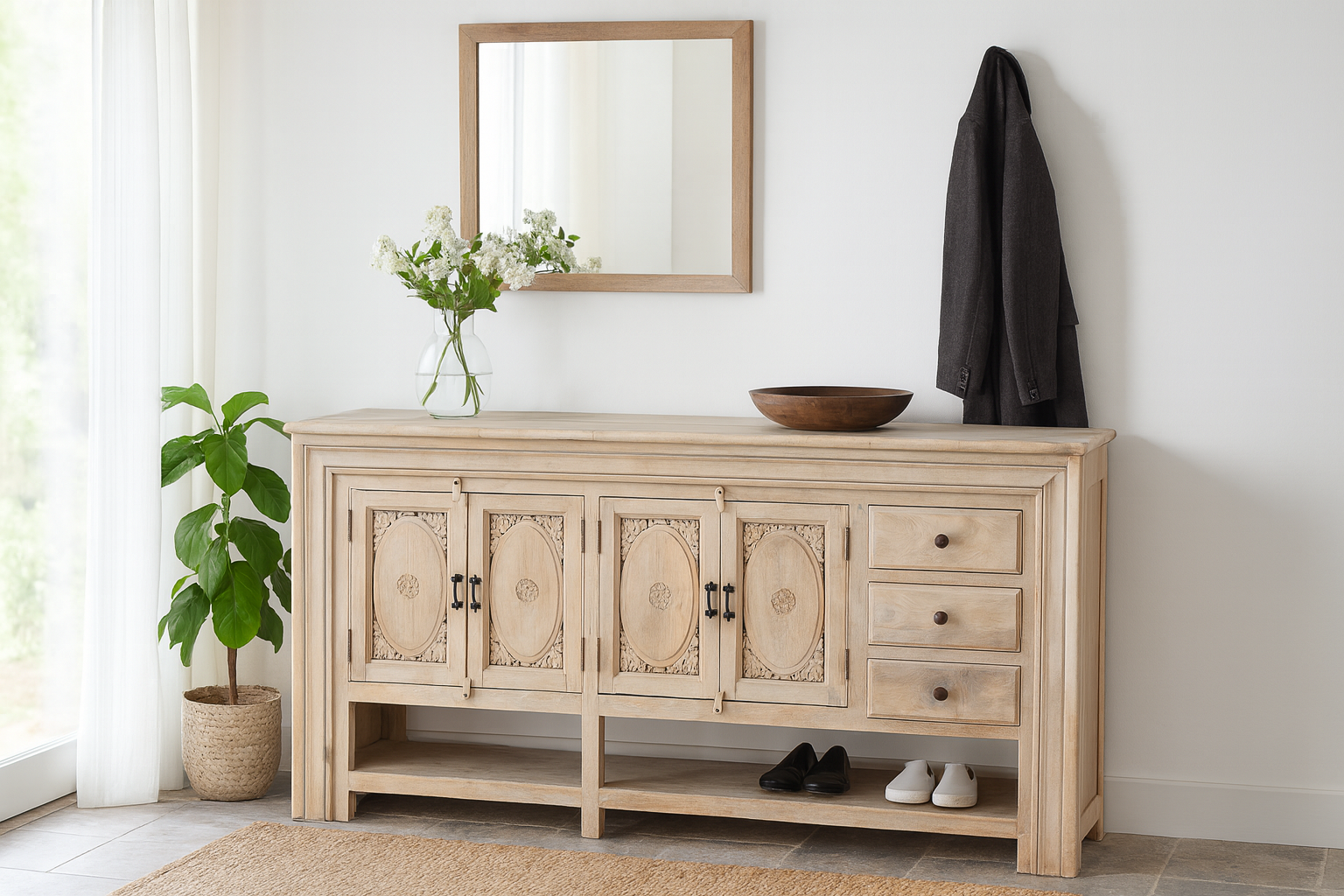 Lifestyle imagination of a sandblasted mango wood console table with 4 doors and 3 drawers; Mediterranean-style vintage entryway table, water-protected surface, 200 × 42 × 100 cm.