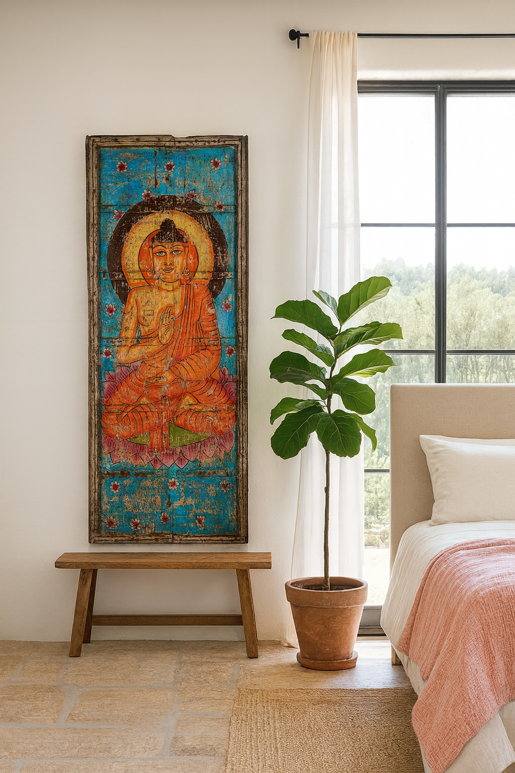 Lifestyle image of a  Buddha wall panel hand-painted on an antique Indian teak door, featuring a meditative Buddha surrounded by lotus motifs—an elegant fusion of spiritual art and old Indian door panels.
