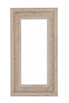 White background image of a tall white washed wall mirror with hand carved wooden mango wood frame; 180 × 90 × 10 cm.