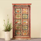 Antique hand painted wardrobe made from reclaimed teak wood with Indian motifs; unique furniture and teak wood furniture, 113 × 50 × 190 cm.