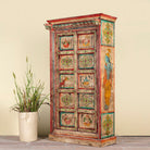 Side angle image of a antique hand painted wardrobe made from reclaimed teak wood with Indian motifs; unique furniture and teak wood furniture, 113 × 50 × 190 cm.