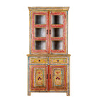 White background image of a hand-painted two-part showcase made of reclaimed wood with floral motifs; unique furniture for a boho chic living room, 94 × 48 × 203 cm.