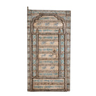 White background image of an antique hand-painted Indian teak wood door with floral and elephant motifs; vintage Indian doors for wooden wall decoration, 128 × 10 × 250 cm.