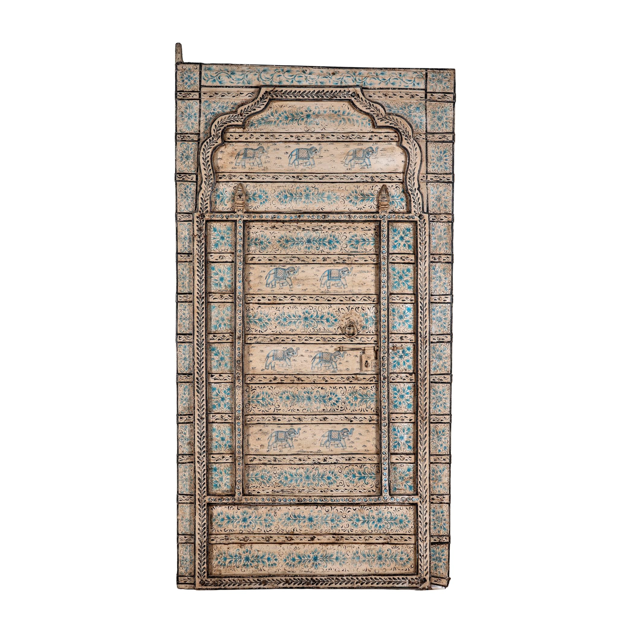 White background image of an antique hand-painted Indian teak wood door with floral and elephant motifs; vintage Indian doors for wooden wall decoration, 128 × 10 × 250 cm.