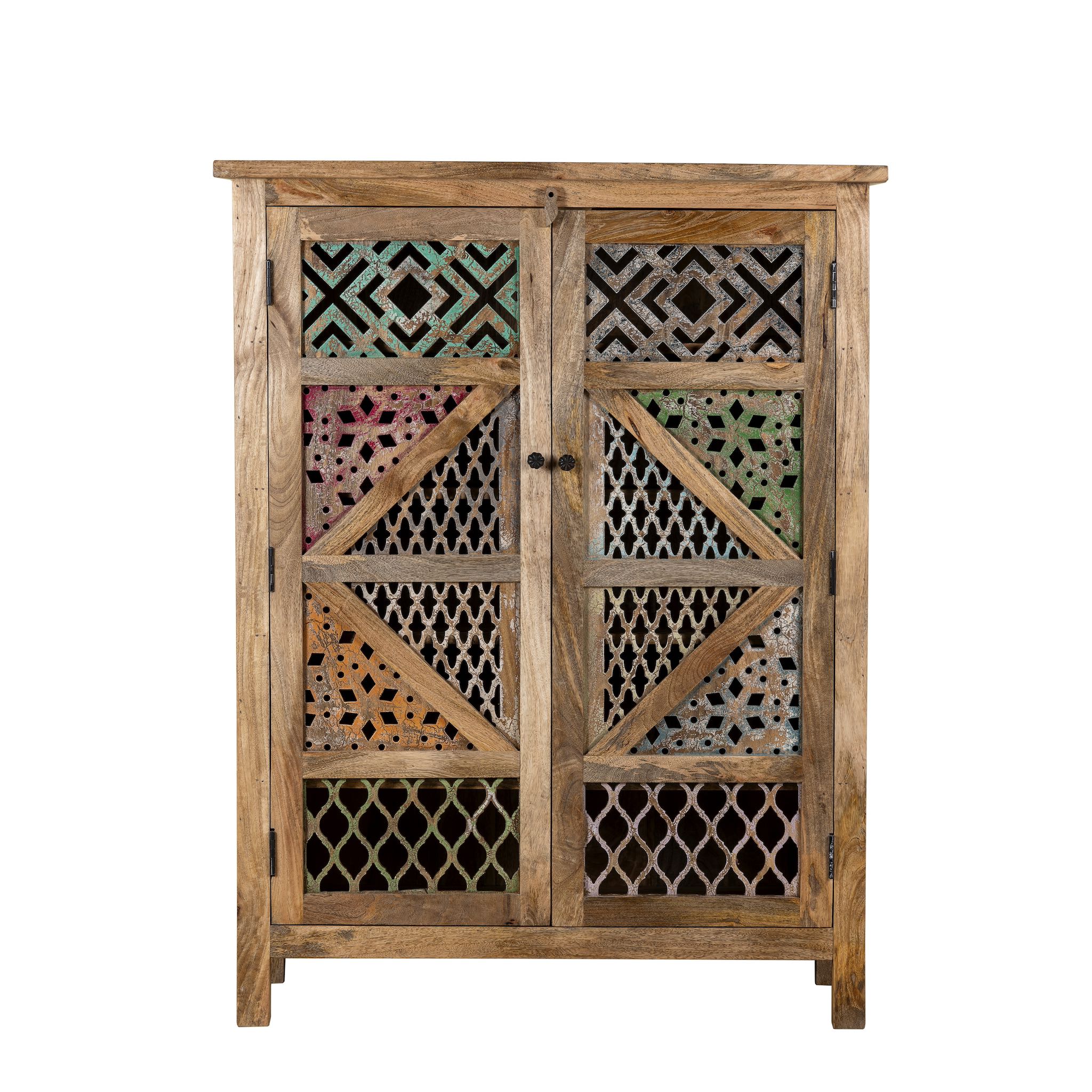 White background image of a handcrafted cabinet made from mango wood, featuring double doors with intricate multicoloured geometric latticework panels, combining natural wood tones with a vibrant, artisanal aesthetic.
