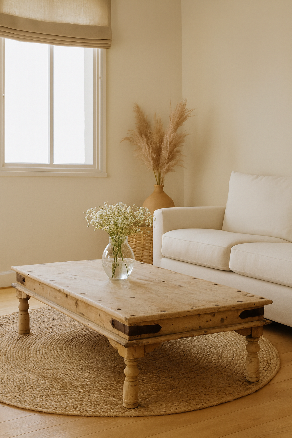 Lifestyle imagination of a Ibiza style coffee table teak wood, reclaimed teak with carved details; sustainable Indian coffee table, 122 × 77 × 44 cm.