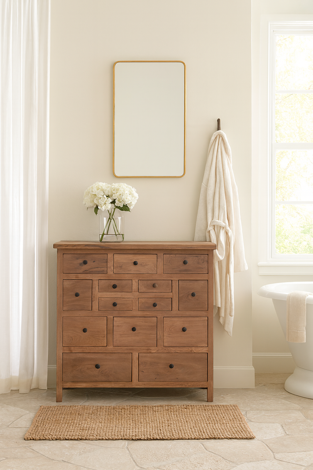 Lifestyle image of a teak furniture chest of drawers made from reclaimed old teak wood, eco-friendly sustainable furniture in Ibiza style, 100 × 40 × 100 cm.