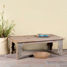 Sandblasted reclaimed teak wood coffee table with carved antique Indian door top; unique teak wood furniture and living room furniture, 140 × 40 × 48 cm.