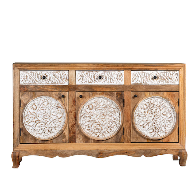 White background image of a hand carved wooden sideboard made from mango wood with floral carvings and curved base, mango wood furniture with storage, 150 × 40 × 95 cm.