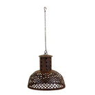 White background image of a Daya hand crafted metal pendant light with a rusted finish, featuring a ventilated cylindrical top and wide dome with lattice detailing—an artisan addition to metal pendant lights and industrial hand forged lamps.