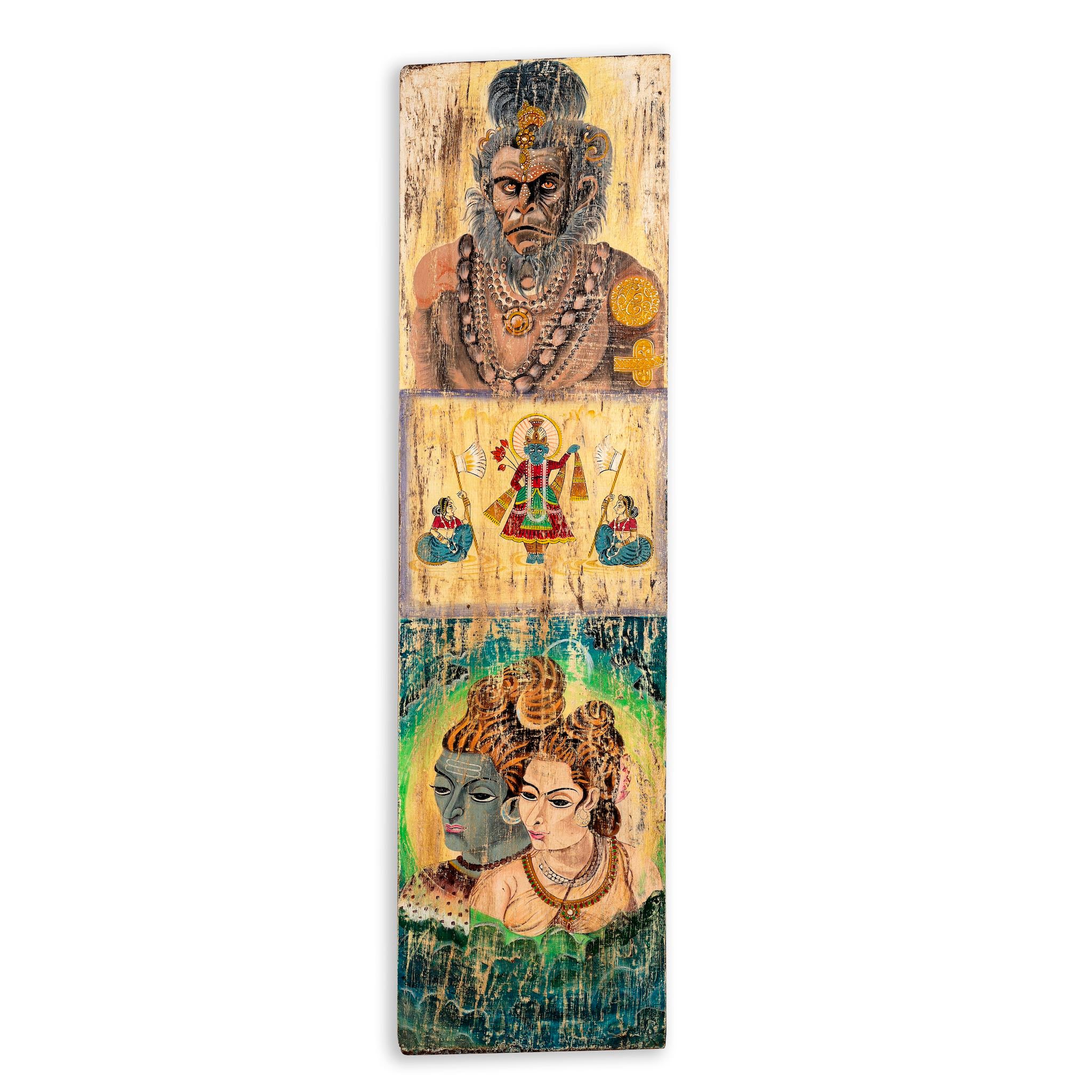 White background image of a and-painted vintage door panel measuring 52x3x152 cm, featuring detailed depictions of Hindu deities—Hanuman at the top, a divine scene with attendants in the center, and a serene portrayal of Lord Shiva with Parvati at the bottom—rendered on distressed wood for a timeworn, sacred aesthetic.
