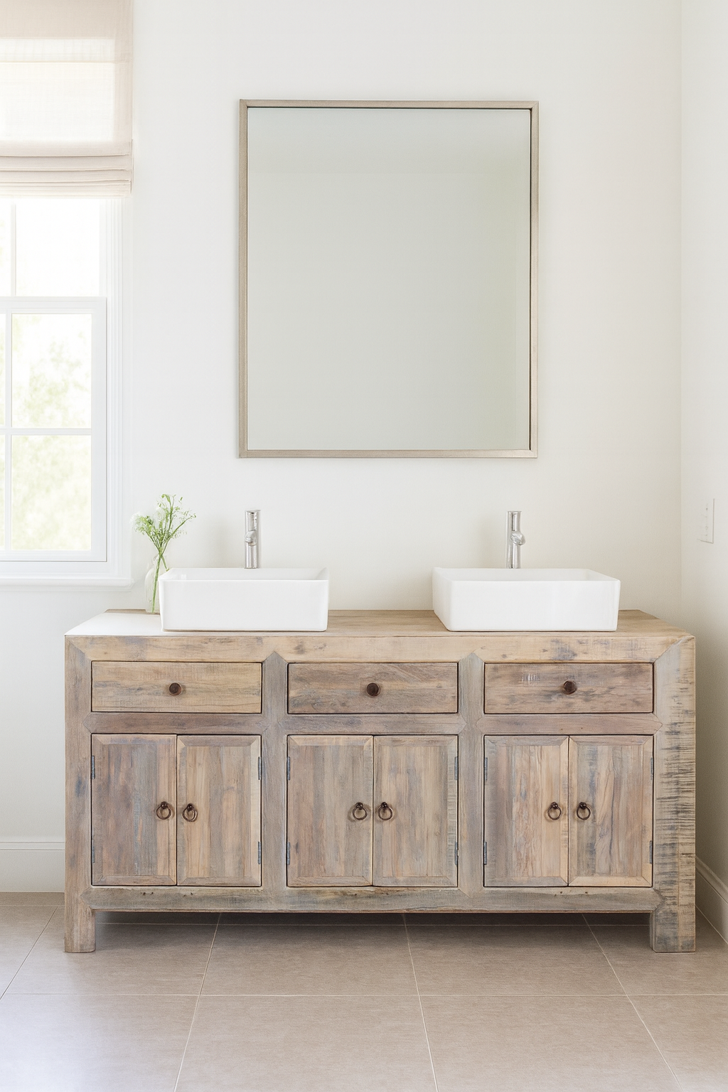 Lifestyle image of a sustainable bathroom sideboard made of reclaimed wood with four cupboards and three drawers, rustic finish, 180 × 40 × 90 cm.