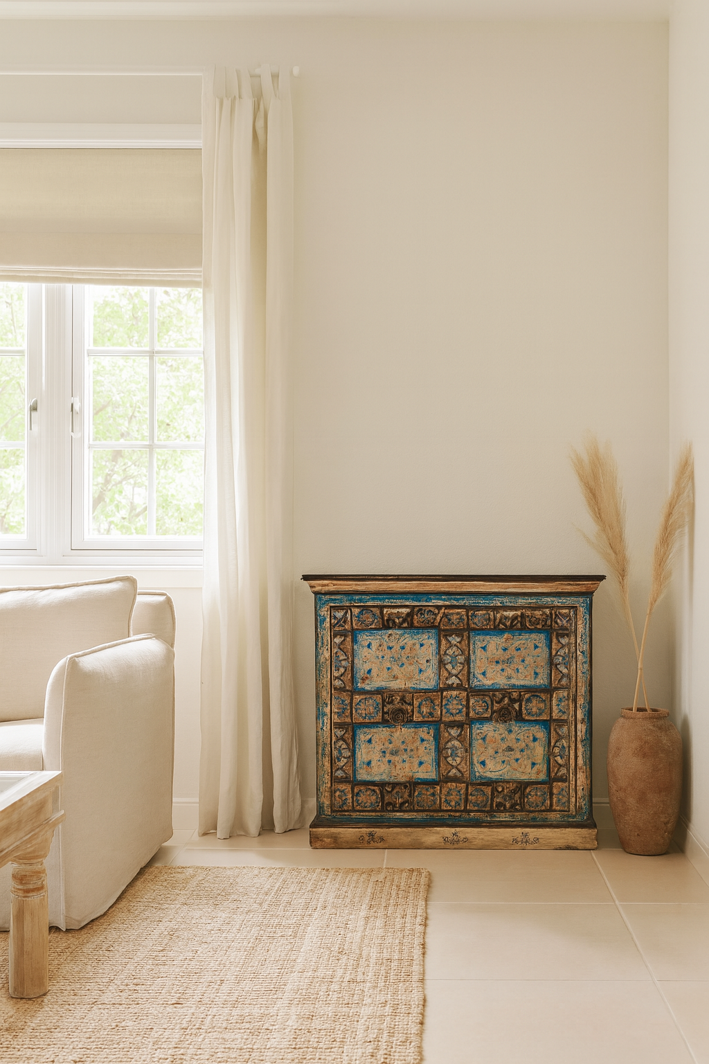 Lifestyle imagination of a cupboard made from an antique Indian old door, hand painted cabinet with blue floral details; boho style teak wood furniture, 115 × 50 × 104 cm.