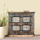 Cupboard made from an antique Indian old door, hand painted cabinet with blue floral details; boho style teak wood furniture, 115 × 50 × 104 cm.
