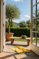 Lifestyle imagination of a rustic teak bench made from reclaimed antique wood, restored natural finish; sustainable furniture, 160 × 52 × 40 cm.