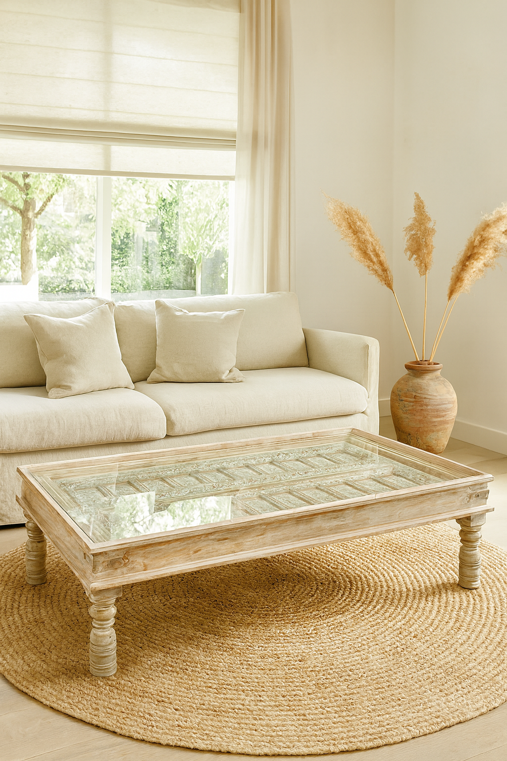 Lifestyle inspiration of a white washed old door coffee table made of antique teak wood; handcrafted Indian coffee table, 183 × 100 × 45 cm.