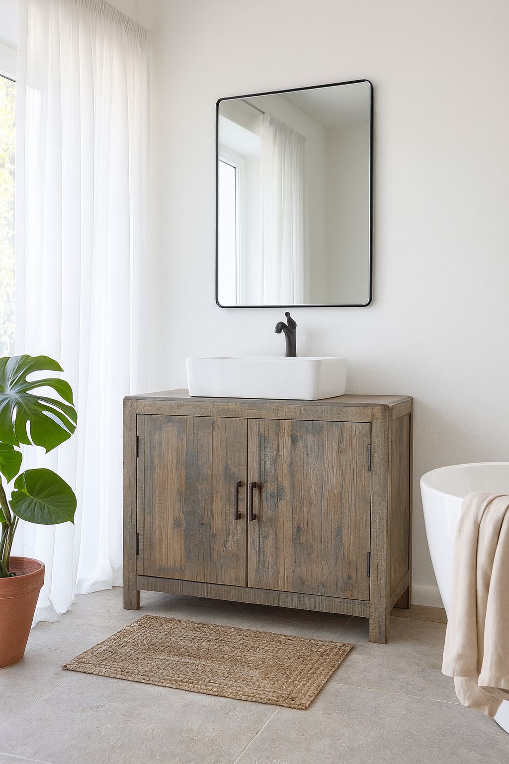 Lifestyle imagination of a reclaimed wood cabinet with two doors in a bathroom scene.