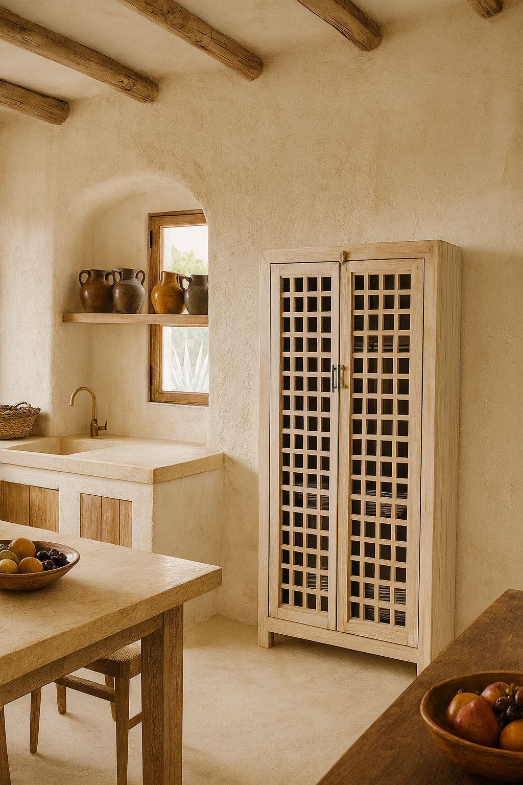 Life style image of a sandblasted mango wood showcase with two glass-panelled grid doors and four interior compartments, finished in a light sun-washed tone, ideal as living room furniture.