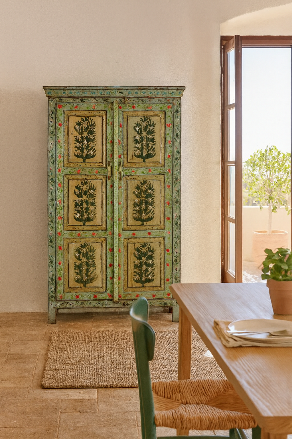 Lifestyle image of a Hand-painted reclaimed wood cabinet with floral motifs and green frame – Drisina by Om Home & Garden, a unique piece of sustainable furniture with bohemian flair.