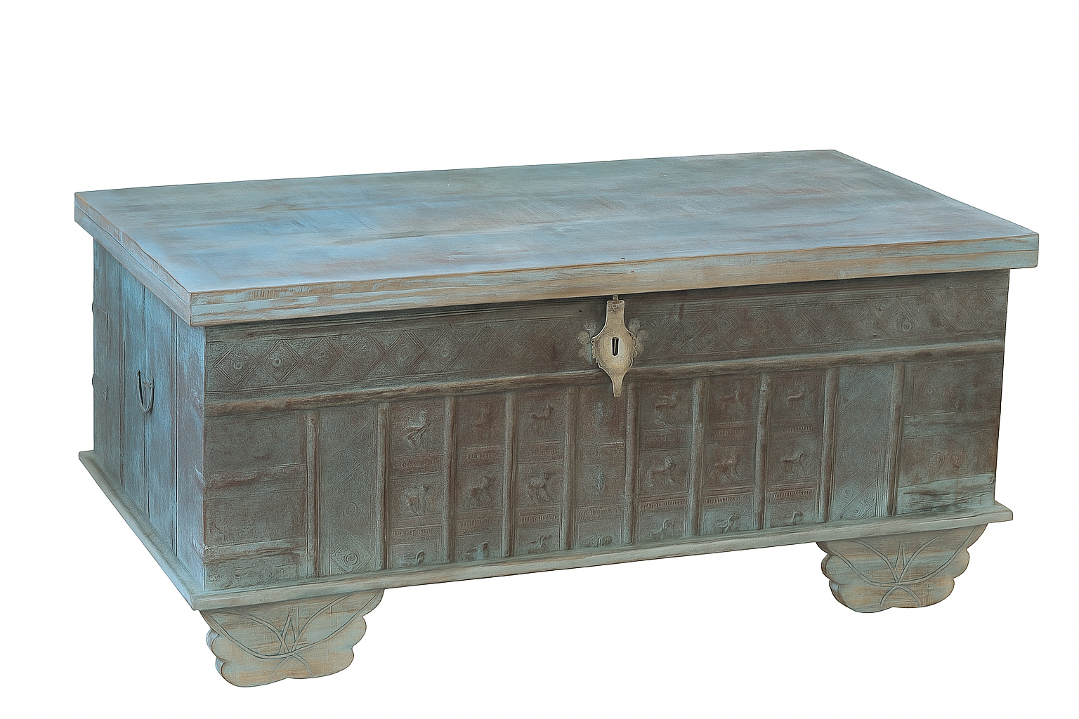 White background image of a antique Indian chest coffee table in blue with brass fittings – iron fitted wooden chest made from solid teak, ideal for living rooms with storage space.