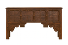 White background image of a teak wood console table made from reclaimed Indian door parts; handcrafted old door furniture, 183 × 90 × 43 cm.