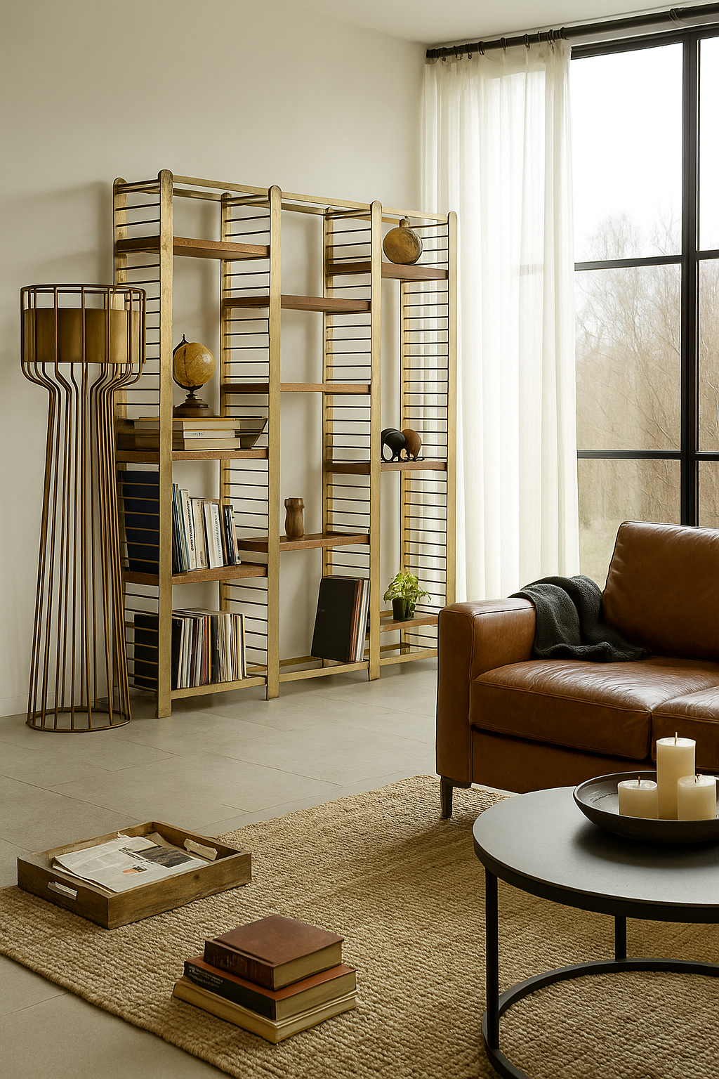 Lifestyle image of a modular brass-plated iron shelf with removable mango wood trays – minimalistic furniture and mango wood shelving for modern, practical interiors.