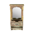 Vintage wooden mirror cabinet made from reclaimed wood with drawer and shelf; rustic bathroom furniture, 40 × 25 × 65 cm.