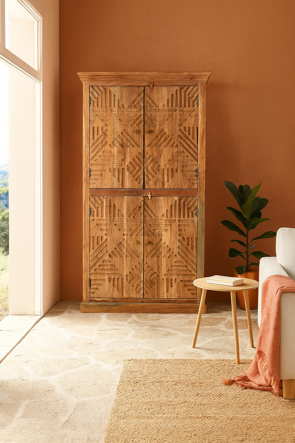 Lifestyle imagination of a hand crafted acacia wood cabinet with 4 doors, brass fitted door knobs and geometrical carvings.