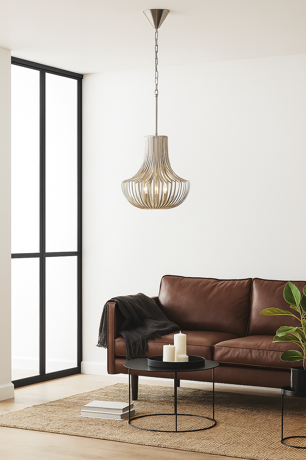 Lifestyle image of a large nickel-plated iron frame pendant light with pot-shaped silhouette – rustic style lighting ideal for kitchens, dining areas, and modern interiors.