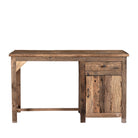 White background view of a desk made of reclaimed wood in Wabi Sabi style.
