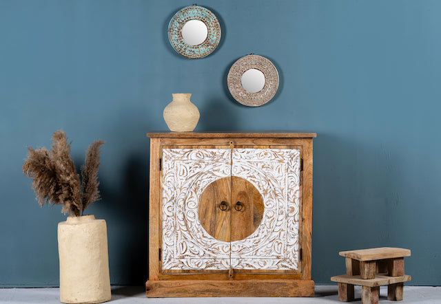 Carved wood furniture cabinet made from mango wood with floral whitewashed doors, 90 × 40 × 90 cm.