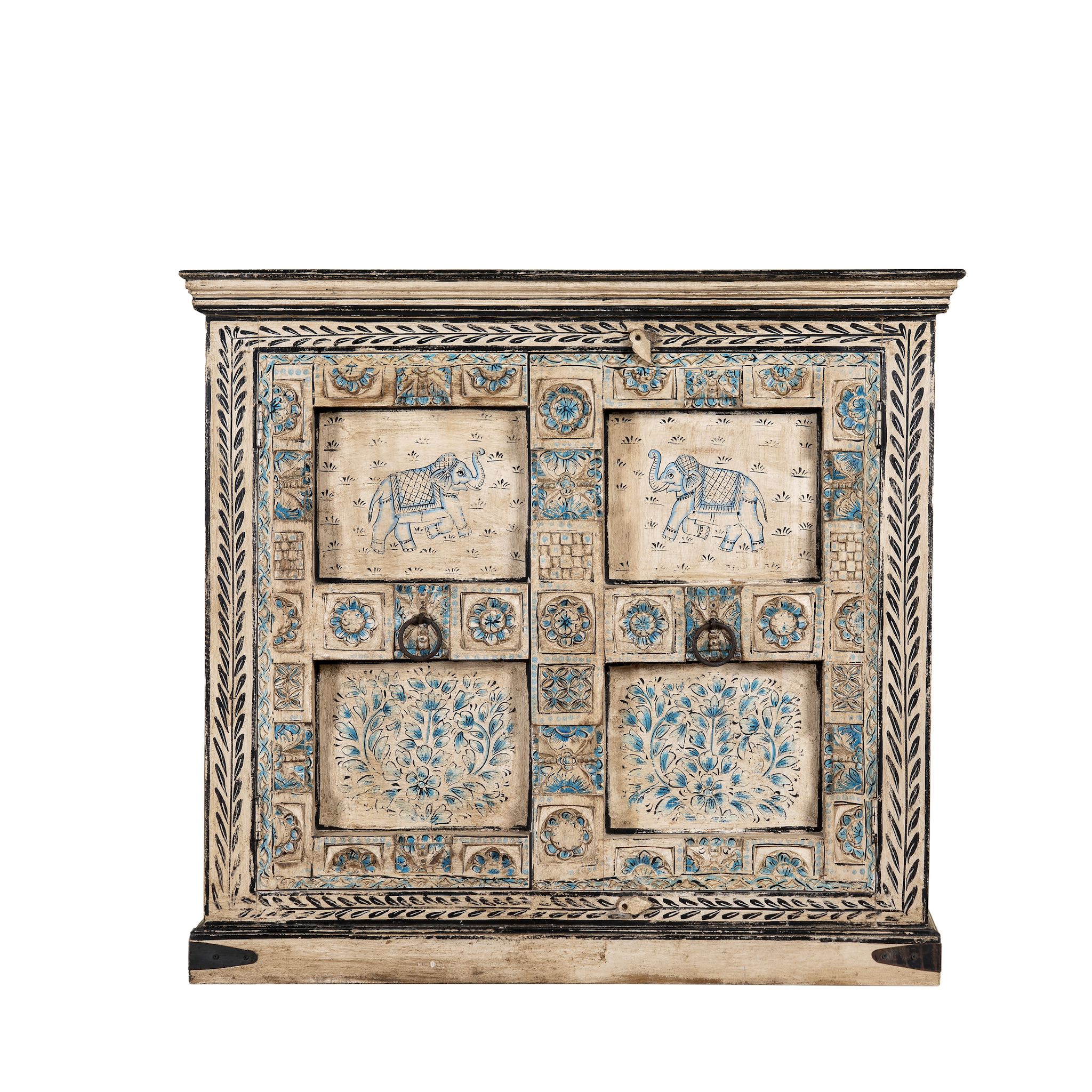 White background image of a Hand-painted cupboard made from reclaimed wood and old Indian doors – a sustainable furniture piece perfect for Indian home decor and rustic interiors.