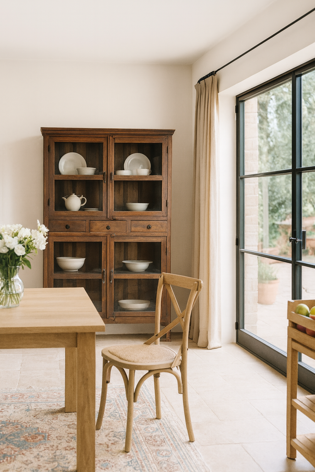 Refurbished antique teak wood showcase with four glass-panelled doors and two drawers – sustainable teak wood furniture combining timeless elegance and functional design.