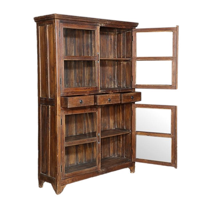 Side angle with open door image of a refurbished antique teak wood showcase with four glass-panelled doors and two drawers – sustainable teak wood furniture combining timeless elegance and functional design.