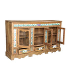 Side angle image with open doors of an antique Portuguese style South Indian glass display case made from reclaimed teak wood with ceramic inlays – sustainable teak wood furniture with historical and cultural elegance.