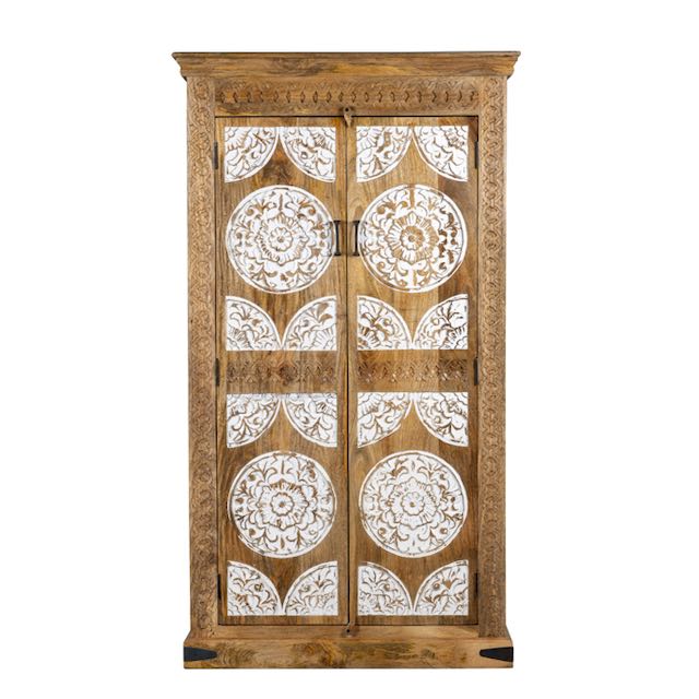 White background image of a carved wood furniture wardrobe made from mango wood with whitewashed floral doors, wooden wardrobe in Ibiza-inspired style, 100 × 40 × 180 cm.